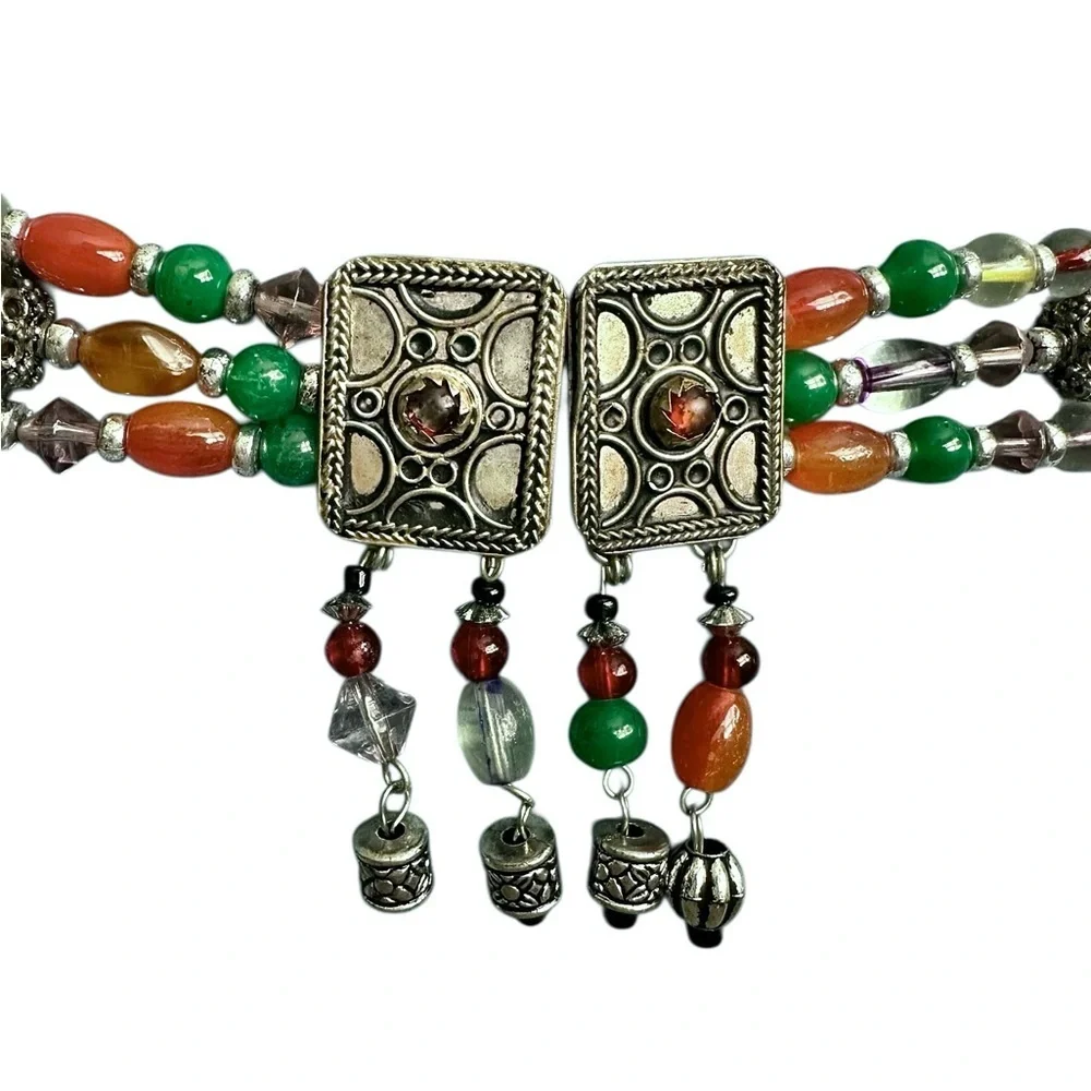 Vintage Style Triple Strand Beaded Waist Belt Hook Closure Silver Embossed Clasp